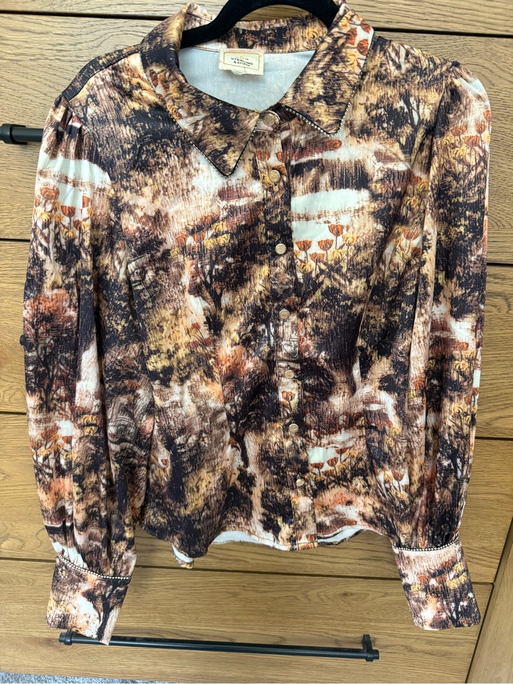Women's Button-Down Blouse in Brown and Cream Abstract Print